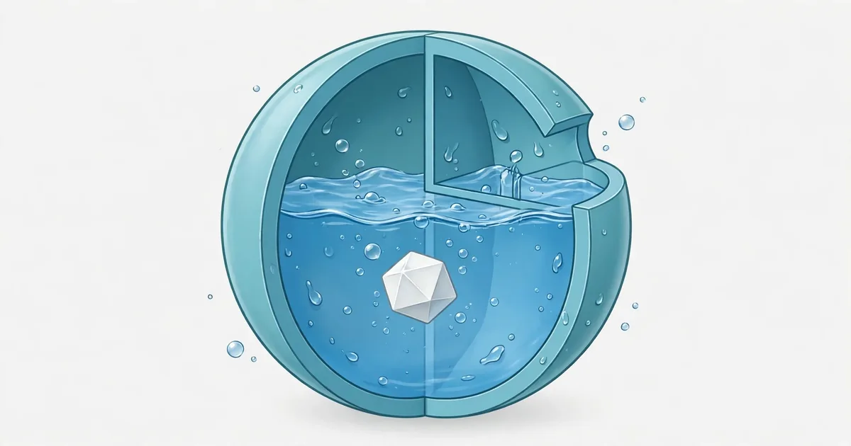 How Does A Magic 8 Ball Work: cutaway of a round toy ball with a white die in blue liquid