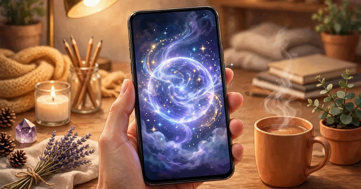 How To Use A Magic 8 Ball Online: hand holding a phone showing a glowing orb