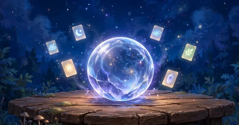 Magic 8 Ball Answers And Meanings: glowing crystal orb with floating answer cards on a table at night