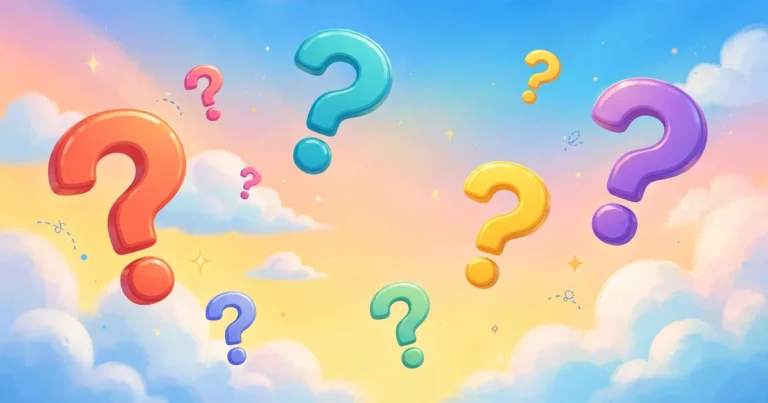 Questions To Ask The Magic 8 Ball: colorful question marks floating over a bright sky