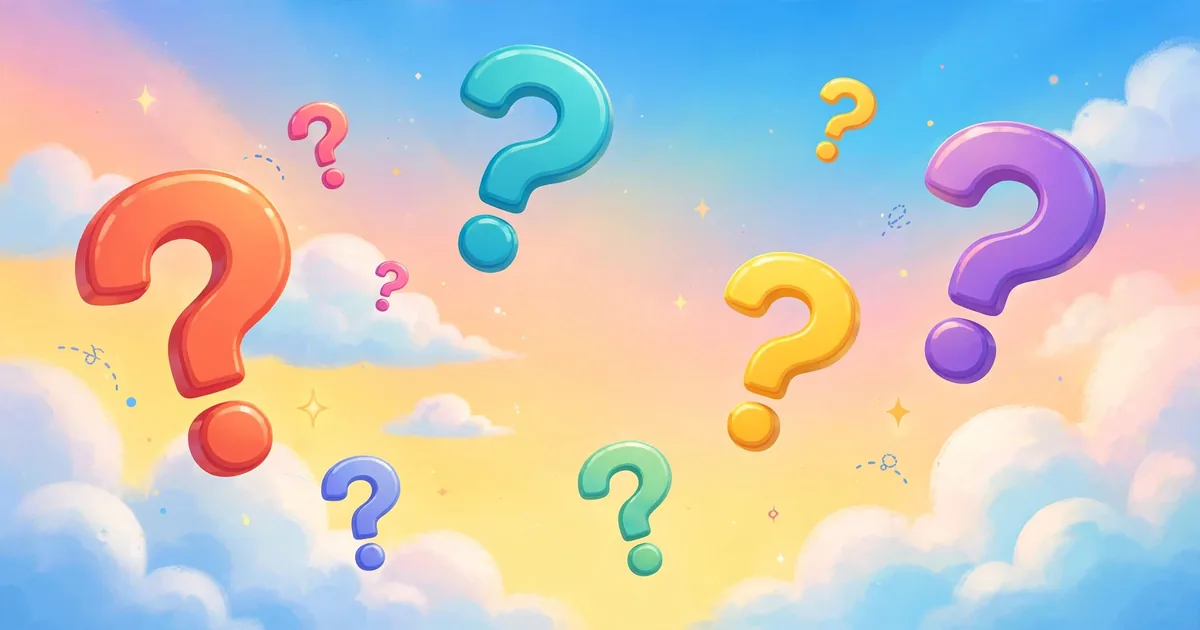 Questions To Ask The Magic 8 Ball: colorful question marks floating over a bright sky
