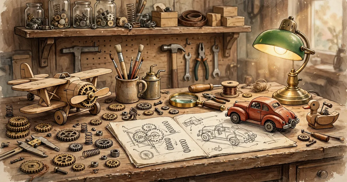 Who Invented The Magic 8 Ball: vintage 1940s inventor workshop desk